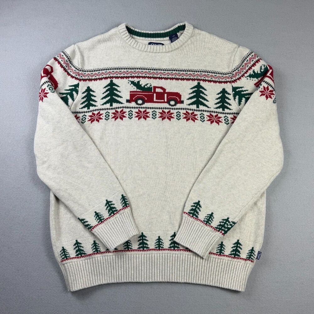 Chaps Fair Isle 100% Cotton Christmas Sweater Mens L Pickup Truck Trees Cream